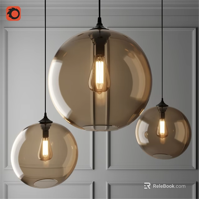 Modern Amber Glass Globe Pendant Lights Three Hanging Over Gray Paneled Wall 3d model 