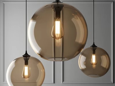 Modern Amber Glass Globe Pendant Lights Three Hanging Over Gray Paneled Wall 3d model