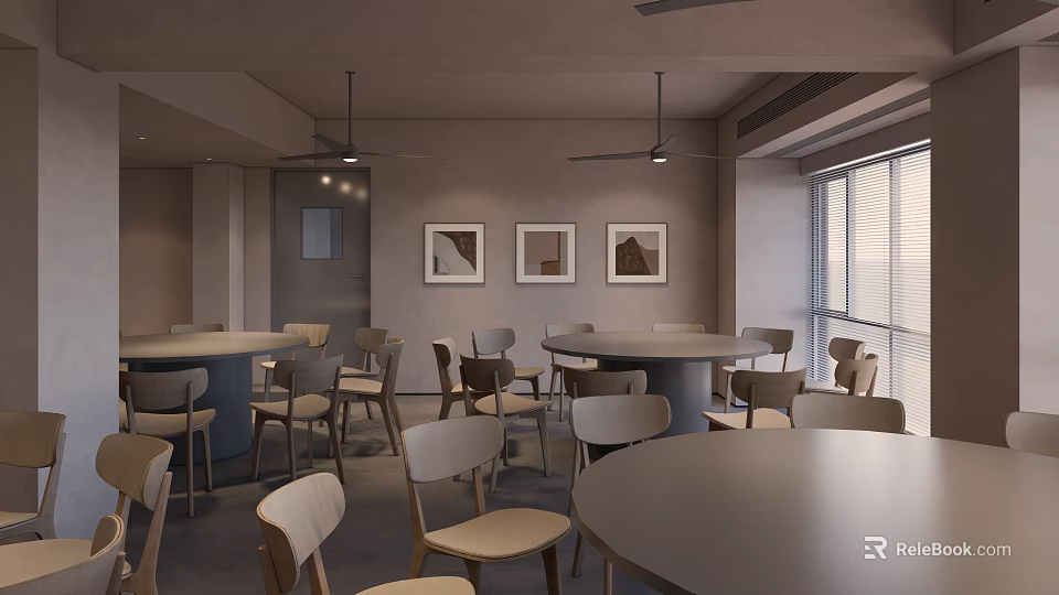 Modern Dining Area With Round Tables Chairs Wall Art And Large Windows 3d model