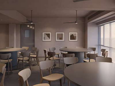 Modern Dining Area With Round Tables Chairs Wall Art And Large Windows 3d model