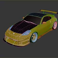Golden Modified Sports Car With Black Carbon Fiber Roof Rear Spoiler And Silver Wheels