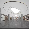 Modern Shopping Mall Lobby Interior With Curved Ceiling Lighting And Green Seating Area