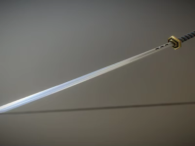 Japanese Katana Weapon With Sharp Metal Blade Traditional Handle And Golden Accent On Gray Background 3d model