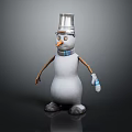 Playful Snowman with Silver Bucket Hat Glasses Orange Nose Brown Arms Blue Gloves Black Feet