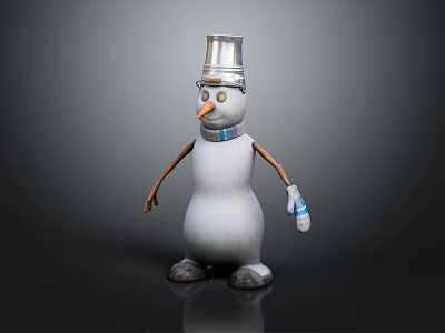 Playful Snowman with Silver Bucket Hat Glasses Orange Nose Brown Arms Blue Gloves Black Feet 3d model