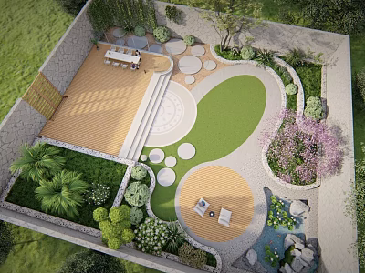Courtyard Garden Design with Wooden Deck Lawn Circular Pavers Seating and Water Feature 3d model