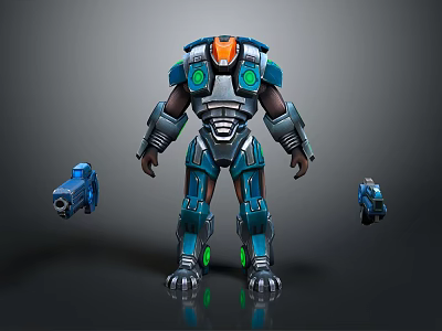 Mechanical Warrior Character In Blue Armor With Green Lights And Small Drones 3d model