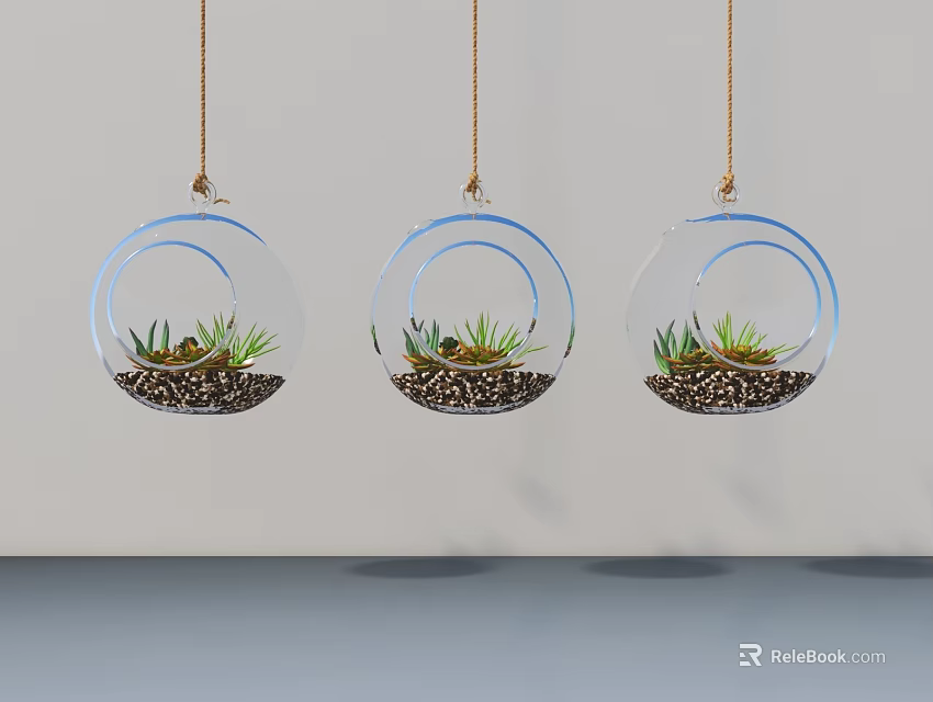 Three Transparent Glass Spherical Hanging Planters With Green Plants And Soil For Wall Decor 3d model 