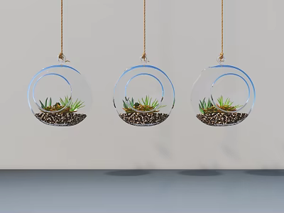 Three Transparent Glass Spherical Hanging Planters With Green Plants And Soil For Wall Decor 3d model
