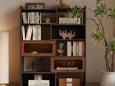 Modern Bookcase With Multiple Shelves Books Decorative Items And Wooden Accents 3d model