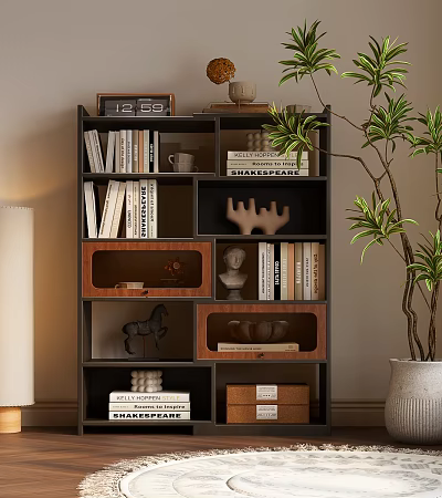 Modern Bookcase With Multiple Shelves Books Decorative Items And Wooden Accents 3d model