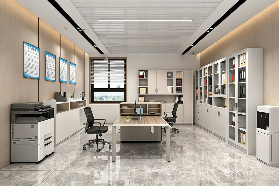 Modern Office Interior With Desk Chairs Filing Cabinets Printer And Wall Charts 3d model 