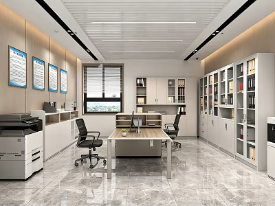 Modern Office Interior With Desk Chairs Filing Cabinets Printer And Wall Charts 3d model