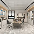 Modern Office Interior With Desk Chairs Filing Cabinets Printer And Wall Charts