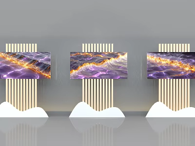 Event Exhibition Wall with Wooden Vertical Strips Cloud Shaped Base and Purple Gold Textured Panels 3d model