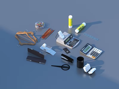 Assorted Office Supplies With Hangers Colored Pencils Calculators Scissors And Stationery 3d model
