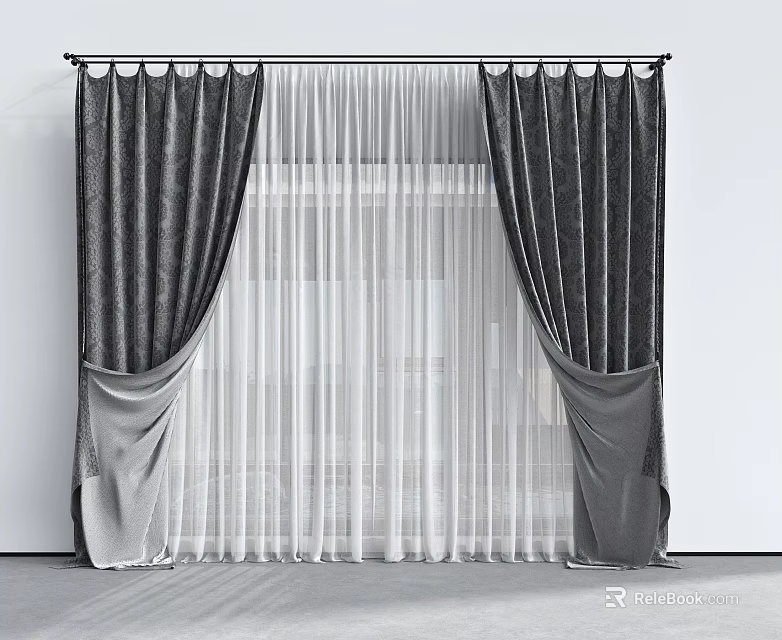 Modern Curtain Design For Windows With Sheer Layer And Two Tone Fabrics 3d model 