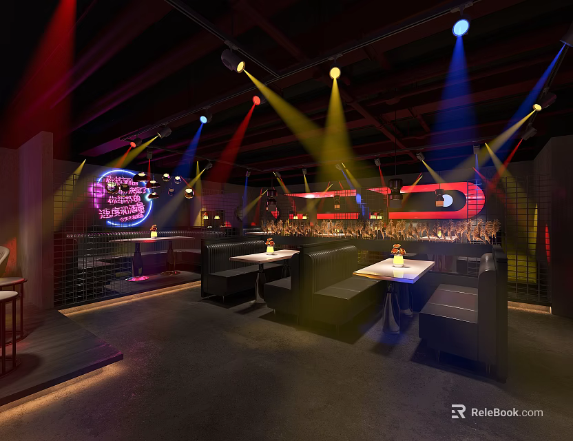 Stylish Bar Interior Design With Neon Sign Stage Sofa Seating And Lighting Effects 3d model