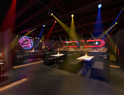 Stylish Bar Interior Design With Neon Sign Stage Sofa Seating And Lighting Effects 3d model