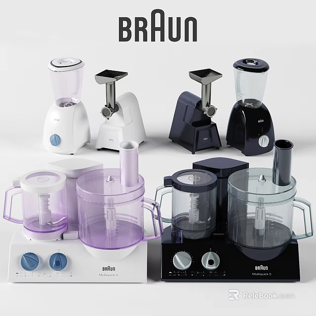 Modern Kitchen Appliances Including Blenders and Food Processors in White Black Purple 3d model 