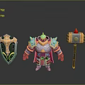 Armored Man Character Standing With Decorative Shield And War Hammer