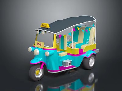 Colorful Three Wheeled Motorcycle Taxi With Canopy And Colorful Flags Bright Blue Yellow Pink Design 3d model