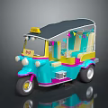 Colorful Three Wheeled Motorcycle Taxi With Canopy And Colorful Flags Bright Blue Yellow Pink Design