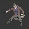 Low Poly Man Wearing Long Coat Hat Holding Wand And Pink Bag In Dynamic Pose