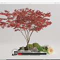 Garden Ornament With Red Leaf Tree Surrounding Stones Green Foliage Round Lantern And Mushroom Decor