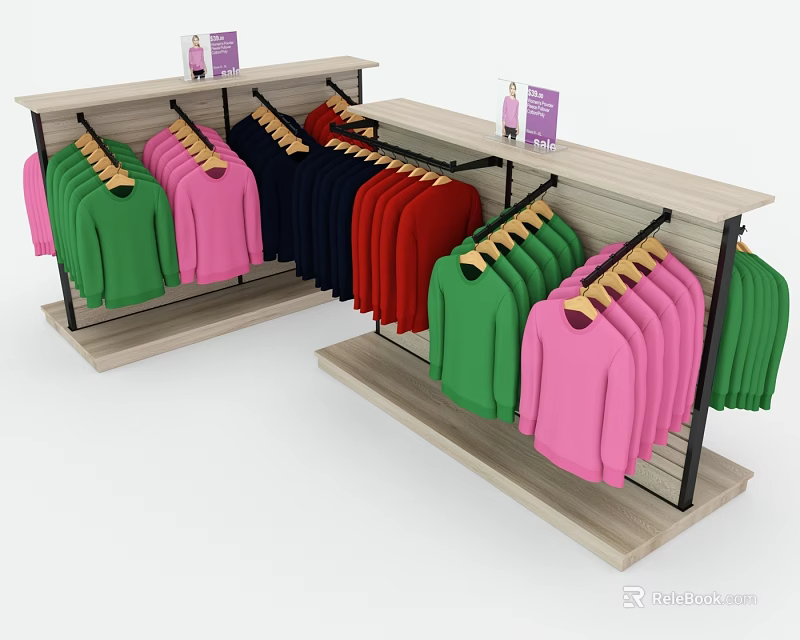 Clothing Display Racks with Colorful Sweaters in Pink Green Black Red and Hanging Tags 3d model 
