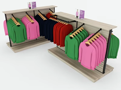 Clothing Display Racks with Colorful Sweaters in Pink Green Black Red and Hanging Tags 3d model