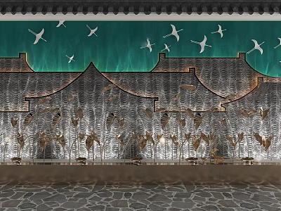 Water Ripple Lights With Crane Motifs And Chinese Style Roof Design In Green Wave Background 3d model