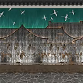 Water Ripple Lights With Crane Motifs And Chinese Style Roof Design In Green Wave Background