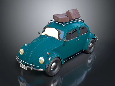 Vintage Green Beetle Car With Brown Suitcases On The Roof 3d model