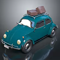 Vintage Green Beetle Car With Brown Suitcases On The Roof