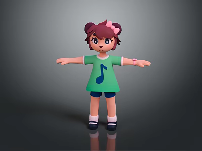 Cartoon Girl Character With Pigtails Pink Bow Green T-shirt Music Note And Outstretched Arms 3d model