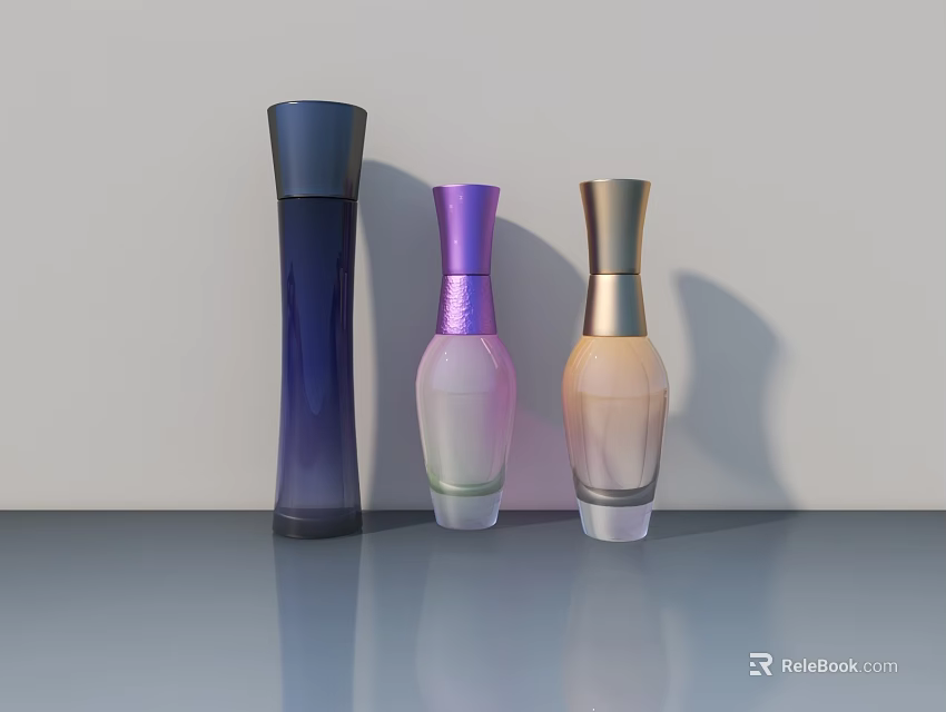 Three Stylish Fragrance Bottles in Blue Purple and Gold on Gray Countertop 3d model 