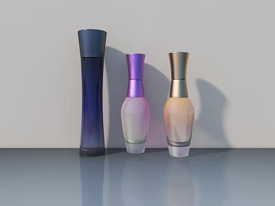 Three Stylish Fragrance Bottles in Blue Purple and Gold on Gray Countertop 3d model