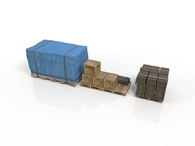 Blue Tarp Covered Cargo On Pallet With Wooden Crates And Stacked Boxes 3d model