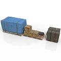 Blue Tarp Covered Cargo On Pallet With Wooden Crates And Stacked Boxes