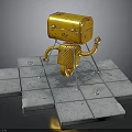 Vintage Yellow Robot With Suitcase Head Metal Body Mechanical Arms Legs On Gray Square Tiles