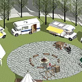 RV Campsite With Circular Stone Paved Area Fire Pit Tents Umbrellas And Trees
