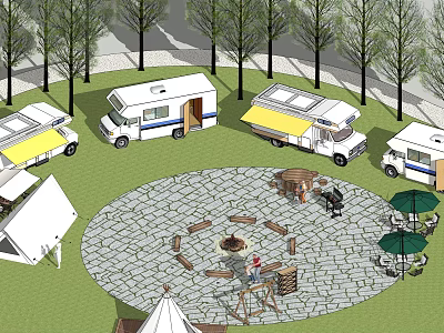 RV Campsite With Circular Stone Paved Area Fire Pit Tents Umbrellas And Trees 3d model