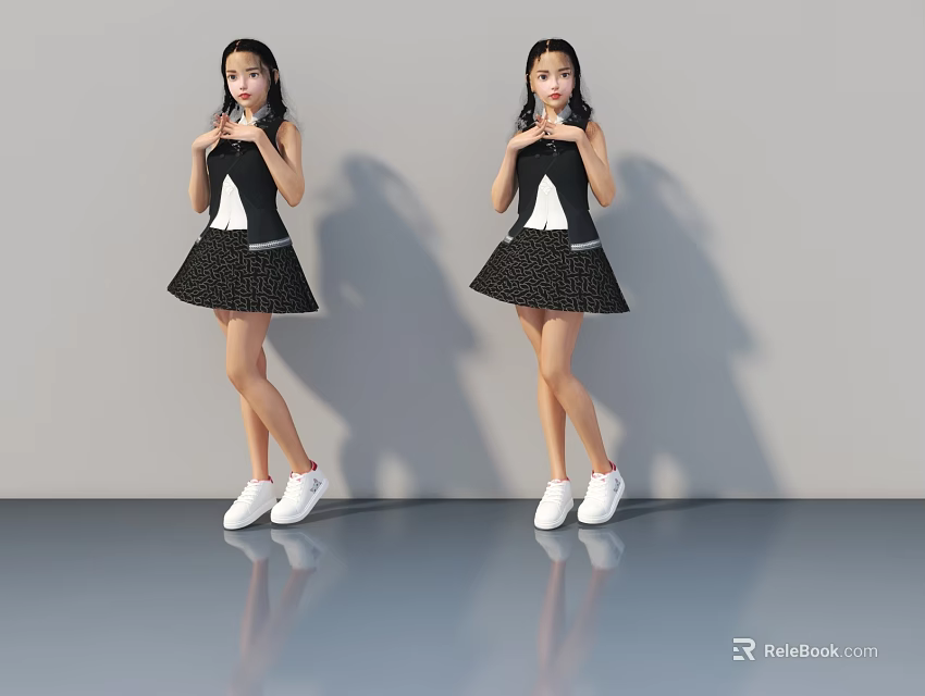 Woman in Black Dress With White Shoes Standing Against Gray Background And Reflective Floor 3d model 