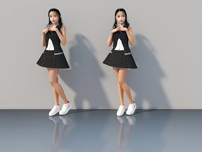 Woman in Black Dress With White Shoes Standing Against Gray Background And Reflective Floor 3d model