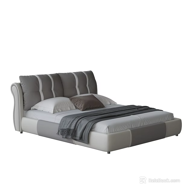 Modern Double Bed With Striped Gray And White Headboard And Soft Pillows 3d model