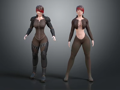 Two Female 3D Characters Showcasing Different Costume Designs With Leather Straps 3d model