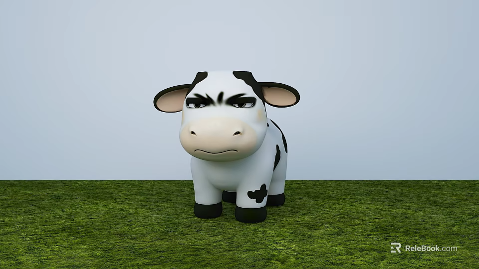Playful Cartoon Cow Standing On Green Grass With Blue Sky Background 3d model 