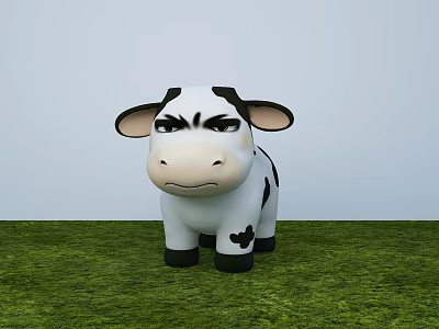Playful Cartoon Cow Standing On Green Grass With Blue Sky Background 3d model