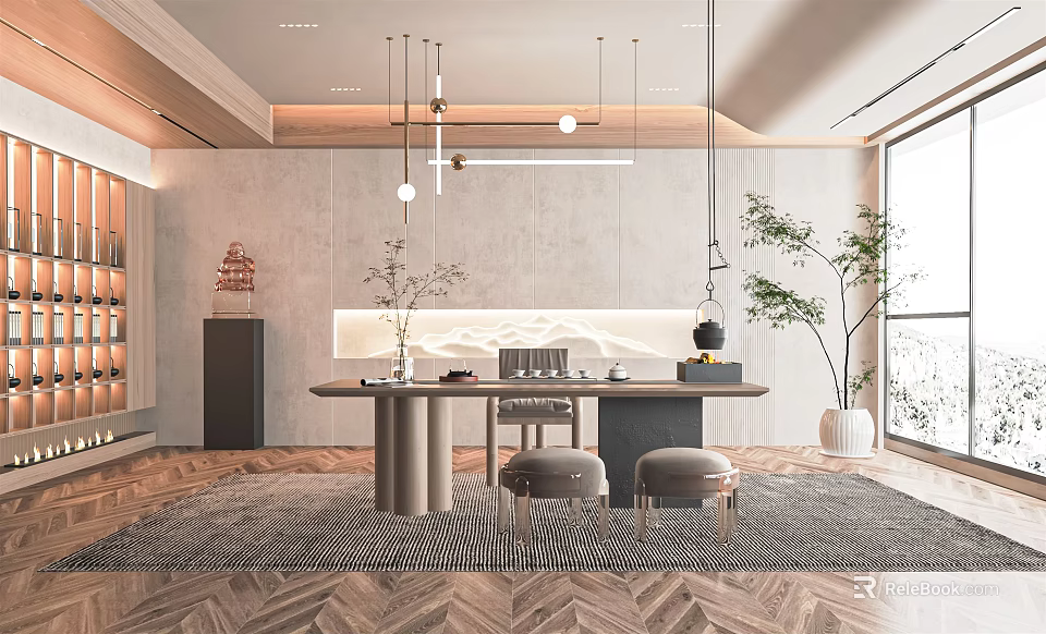 Elegant Modern Tea Room Interior With Hanging Lights Tea Table Stools And Mountain Decor 3d model